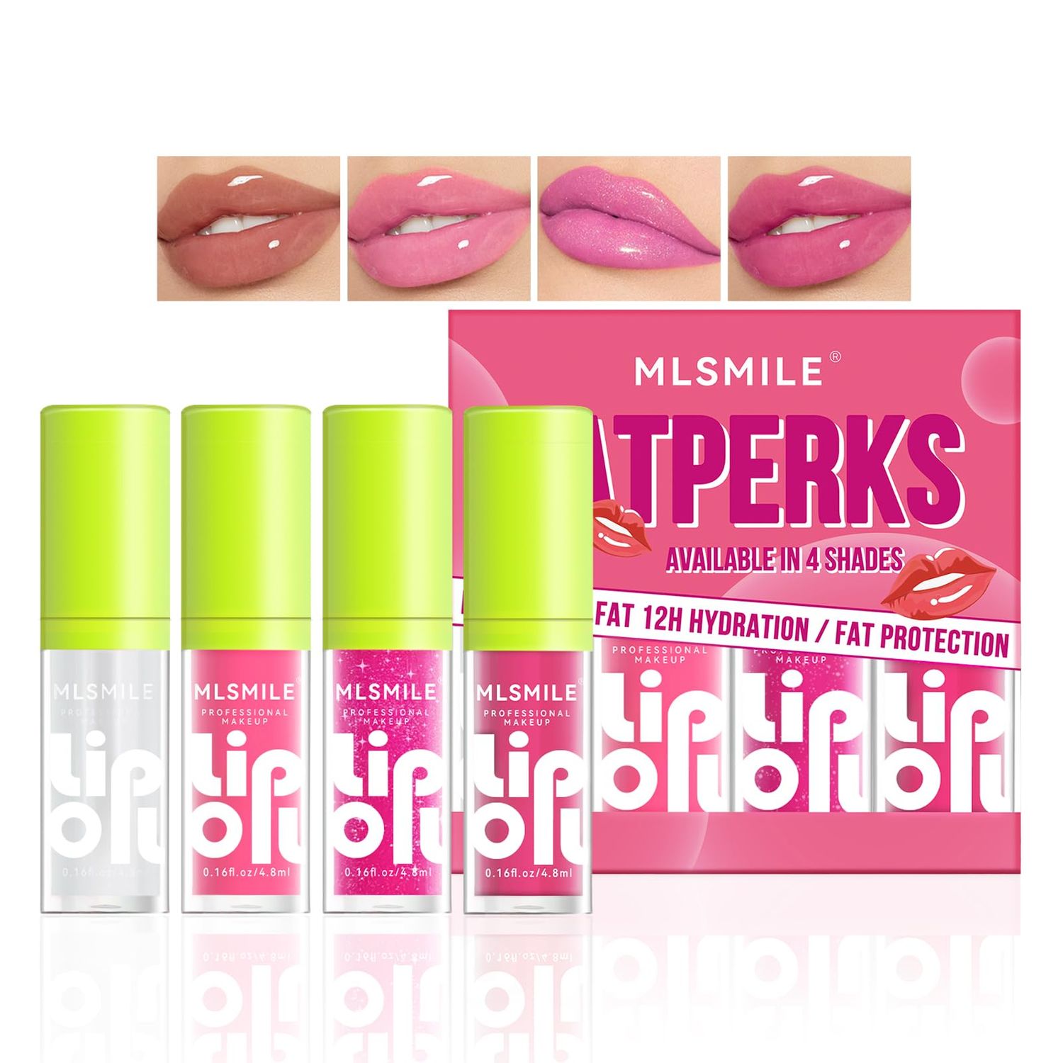 4 Colors Fat Lip Oil Set, Big Brush Head Hydrating Lip Glow Oil Lip Plumper Gloss, Shiny Transparent Lip Gloss Tinted Plumping Lip Oils, Non-sticky Long Lasting Fresh Clear Smooth Lip Care - A