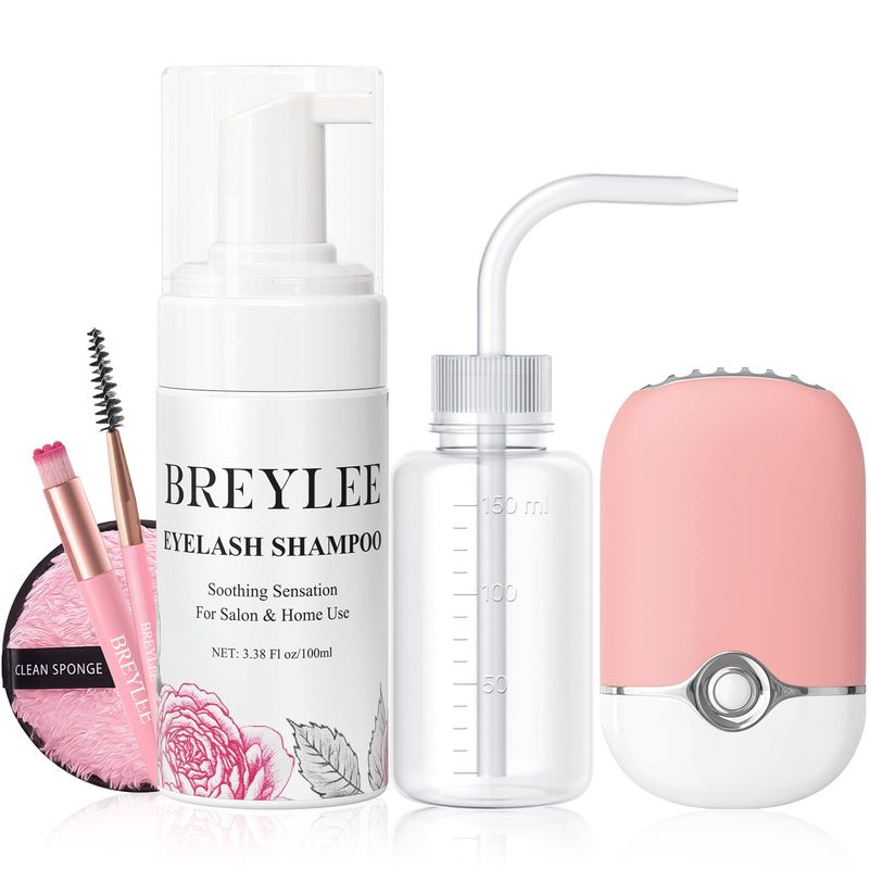 BREYLEE 100 ml Lash Shampoo for Lash Extensions, Lash Fan DryerRinse BottleBrushesCotton Puff, Eyelash Extension Cleanser, Lash Bath Wash Soap Foam Cleaner for Salon and Home Use