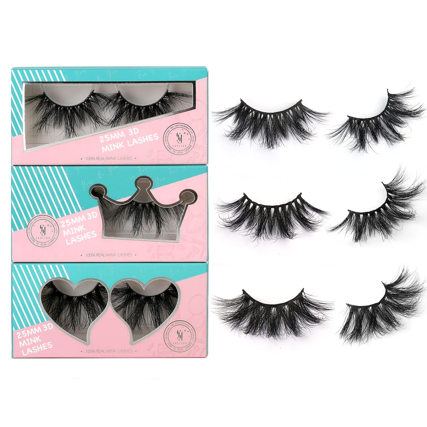 SY SHUYING 25mm Mink Lashes 3D Real Mink Eyelashes Fluffy Dramatic False Eyelashes 6D Wispy Long Thick Handmade Luxury Volume Strip Eye Lashes (3 Pairs, Doll Honey Queen)