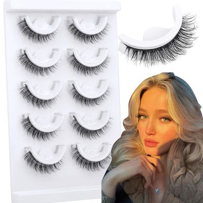 Natural Self Adhesive Eyelashes Cat Eye Lashes Natural Look Wispy Self Adhesive Lashes Clear Band Reusable Short Pre Glued Lashes No Glued Needed 8-12MM 5 Pairs by Zegaine