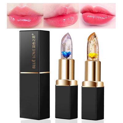 BLUE LOVE 2PCS Color Changing Flower Jelly Lipstick, Clear Lipstick with Flower Inside Temperature Change Lip Balm, Hydrating Lipstick Long Lasting Lip Gloss (2Pc Blue Gold)