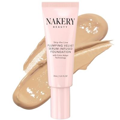 Nakery Full Coverage Foundation for Women - 5 in 1 Plumping Liquid Foundation Makeup - Serum Infused Makeup Foundation Smart Color Adapt with Niacinamide &amp; Hyaluronic Acid for All Skin Types - Light