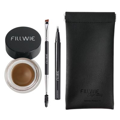 Eyebrow Pomade Stamp, Microblading 2 Tip Liquid Eyebrow Pen, Eye brow Kit with Angled Spoolie Brush and PU Pouch for Travel (Soft Brown)