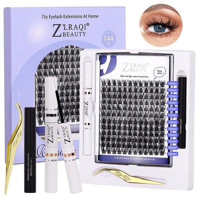 Lash Extension Kit, Kaluofan 144PCS Eyelash Extension Kit, Cluster Eyelash Extensions, 12-16mm DIY Lash Clusters Kit with Lash Bond and Seal Lash Remover Tweezers for Lash Extensions, Easy to Apply