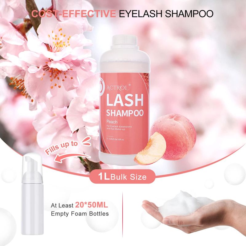 ACTROL Eyelash Extension Cleanser Peach 1L Natural Lash Extension Shampoo Professional Eyelid Foaming Cleanser Paraben &amp; Sulfate Free Non-lrritating with Salon and Home Care