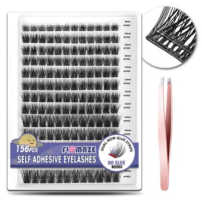 FLOMAZE Self Adhesive Eyelashes, 156 PCS Self Adhesive Eyelash Clusters, No Glue Needed, Dual-row Glue Strips 8-16mm Mixed Individual Lash Extension Super Sticky Reusable False Lashes