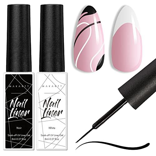 Makartt Gel Nail Polish Liner Set 8ML 2 Colors White and Black for Winter French Nail Art French Tips Swirls DIY Manicure Soak Off UV Curing with Thin Brush