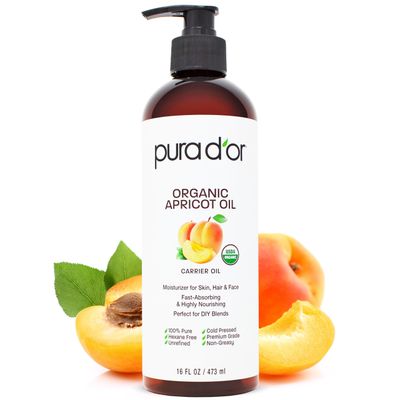 PURA D&#39;OR 16 Oz ORGANIC Apricot Kernel Oil - 100% Pure &amp; Natural USDA Certified Cold Pressed Carrier Oil - Antioxidant &amp; Vitamin E Rich Moisturizer for Natural Glow &amp; Softness - Face, Skin &amp; Hair