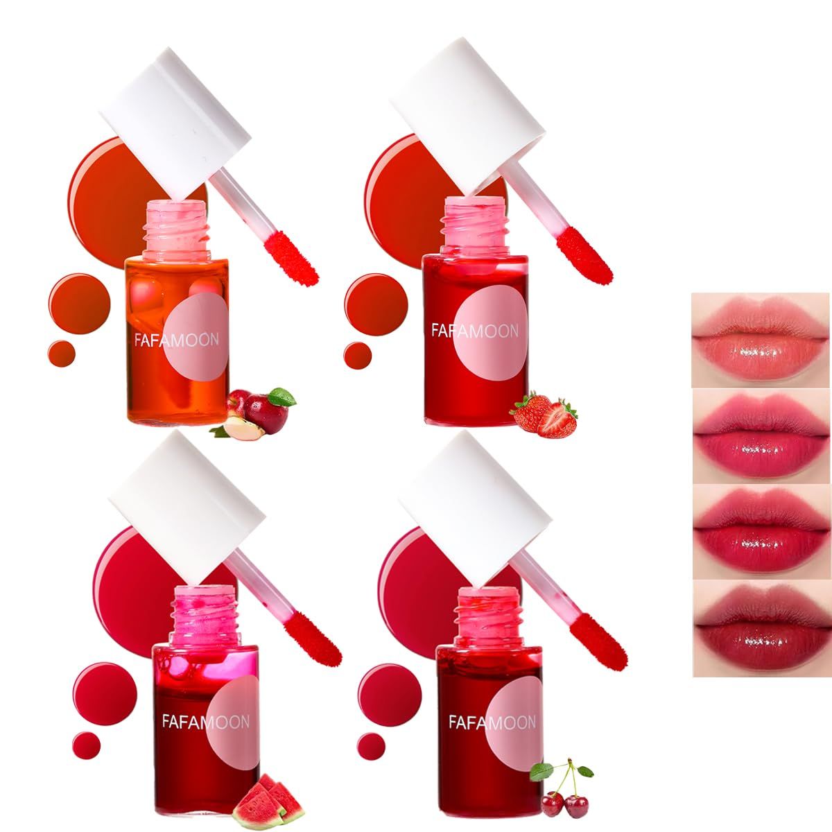 Baorder 4PCS Korean Lip Gloss Set, Lip Tint Stain Set,Mini Liquid Water Tint,Moisturizing Natural,Long Lasting Waterproof,Multi-Use Lip and Cheek Tint(Apple&amp; Strawberry&amp; Watermelon&amp; Cherry)