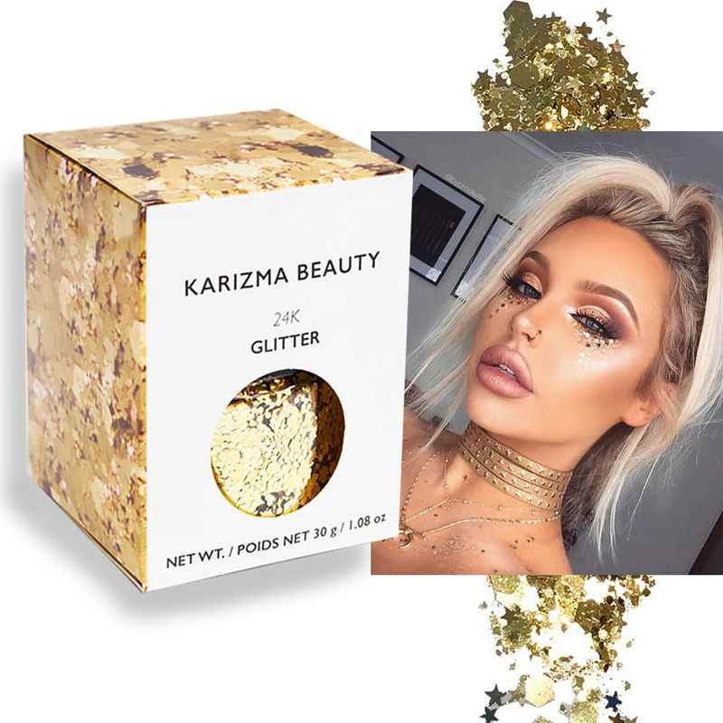 KARIZMA 24K Gold Glitter. 30g Chunky Face Glitter, Hair Glitter, Eye Glitter and Body Glitter for Women. Rave Glitter, Festival Accessories, Cosmetic Glitter Makeup. Loose Glitter Set