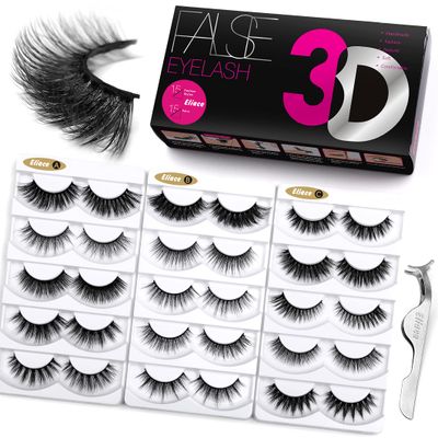 Eliace Fluffy Eyelashes 3D Mink Lashes Cat Eyes 15 Mixed Styles 15 Pairs Reusable Soft Fake Eyelashes Volume Strip Lashes Natural Look Wispies &amp; Big False Eyelashes Pack - with False Lashes Tweezers