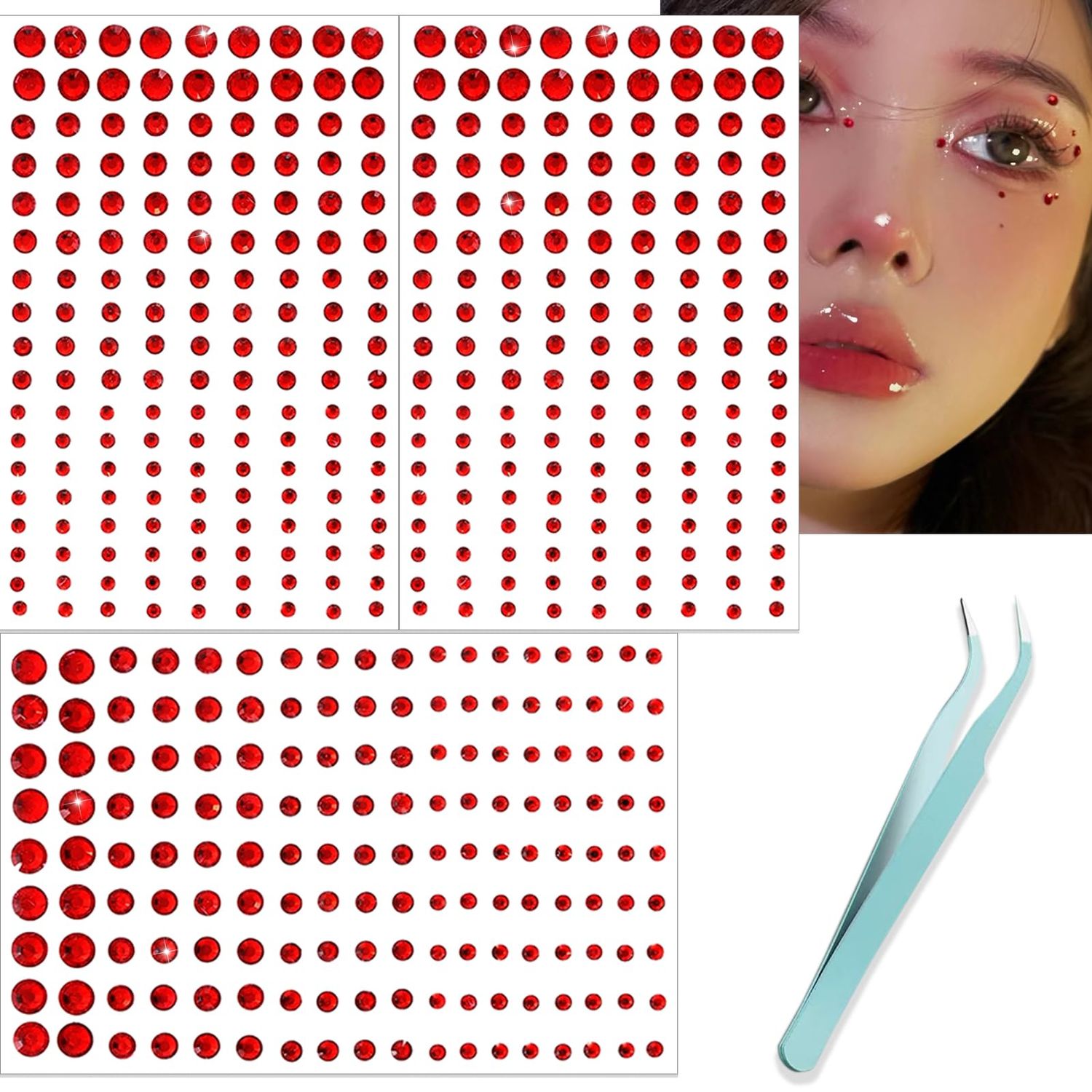 NOOEPC Red Face Gems Hair Gems, Self-Adhesive Face Jewels Eye Jewels Rhinestones 3456 mm DIY Face Gems Stick on, Christmas Makeup Rhinestones Gems Rave Accessories for Face Eyes