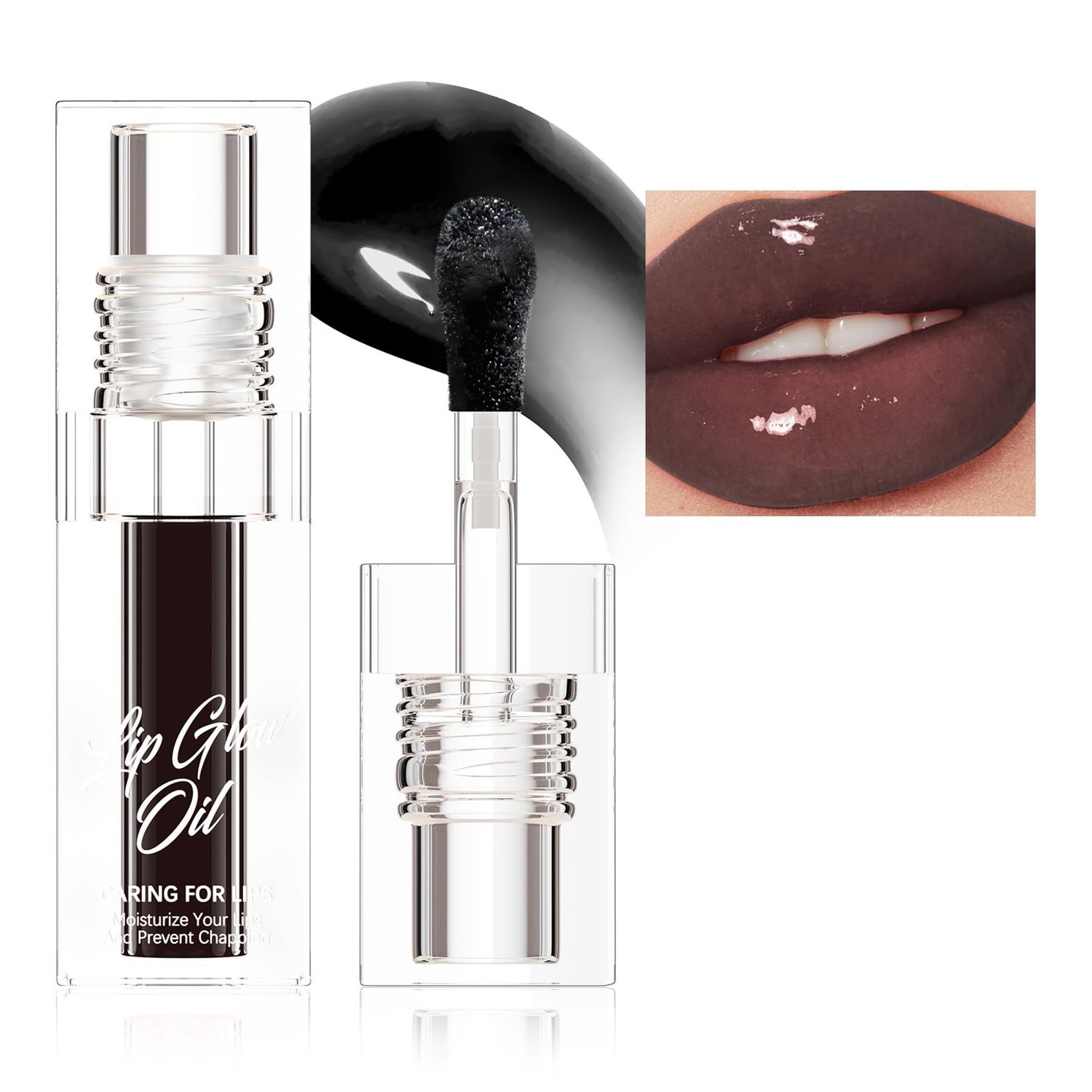 Hydrating Lip Glow Oil for Women, Color Changed Lip Plumper Gloss Moisturizing Nourishing Black Big Brush Head Lip Oil Smooth Lip Liner Stain for Lip Makeup Care and Dry Lips (black, 1 pcs)