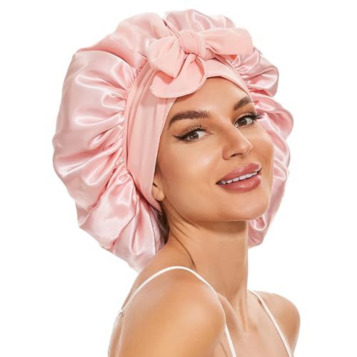 Large Silk Bonnet for Sleeping, Satin Hair Bonnet for Sleeping with Tie Band, Double Layer Satin Bonnets for Women Natural Curly Hair