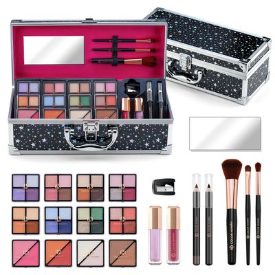 Color Nymph Beginners Makeup Kit With Train Case For Teenagers Girls, Full Starter Cosmetics Set Included 32 Colors Eyeshadow, Bronzer, Contour Powder, Blush, Highlighter, Lip Gloss (Black)