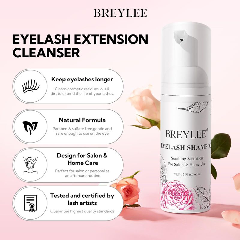 BREYLEE Shampoo for Lash Extensions, 60mlRinse BottleBrushes, Eyelash Extension Cleanser, Lash Wash Bath, Lash Cleaner for Makeup Cleansing Foams, Paraben &amp; Sulfate Free for Salon and Home Use