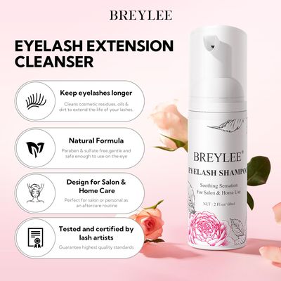 BREYLEE Shampoo for Lash Extensions, 60mlRinse BottleBrushes, Eyelash Extension Cleanser, Lash Wash Bath, Lash Cleaner for Makeup Cleansing Foams, Paraben & Sulfate Free for Salon and Home Use