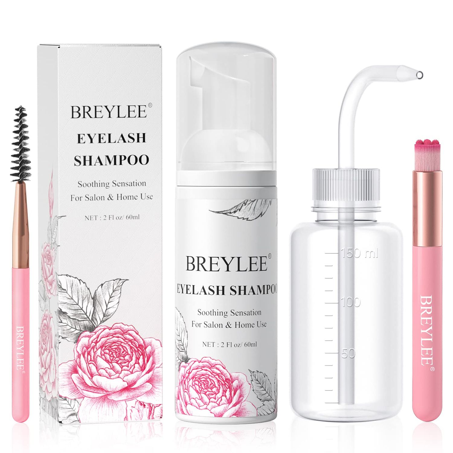 BREYLEE Shampoo for Lash Extensions, 60mlRinse BottleBrushes, Eyelash Extension Cleanser, Lash Wash Bath, Lash Cleaner for Makeup Cleansing Foams, Paraben &amp; Sulfate Free for Salon and Home Use