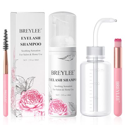 BREYLEE Shampoo for Lash Extensions, 60mlRinse BottleBrushes, Eyelash Extension Cleanser, Lash Wash Bath, Lash Cleaner for Makeup Cleansing Foams, Paraben &amp; Sulfate Free for Salon and Home Use