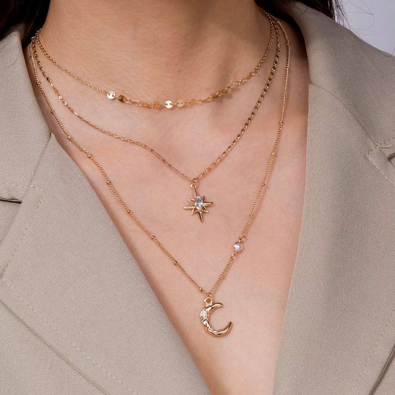 fxmimior Boho Simple Gold Moon and Star Sequins Layered Necklace Dainty Pearls Chain Moon Pendant Long Necklaces Jewelry for Women