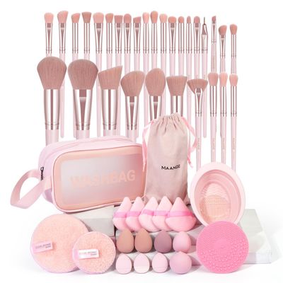 MAANGE Makeup Brush Set 49 Pcs Makeup Tool Set Premium Synthetic Foundation Powder Concealers Eye shadows Blush Makeup Brushes (Pink, 49 Piece Set)