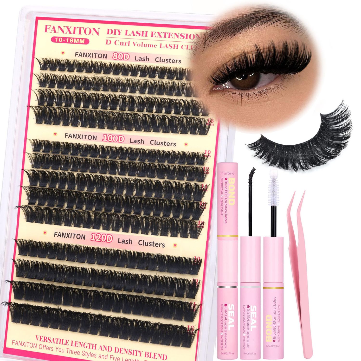 D Curl Lash Clusters Kit Thick Lash Extension Kit Volume Lash Clusters 80D100D120D Eyelash Clusters Kit 10-18mm Individual Lashes with Bond and Seal by FANXITON
