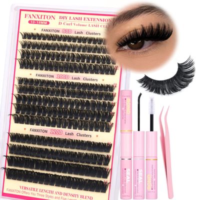 D Curl Lash Clusters Kit Thick Lash Extension Kit Volume Lash Clusters 80D100D120D Eyelash Clusters Kit 10-18mm Individual Lashes with Bond and Seal by FANXITON