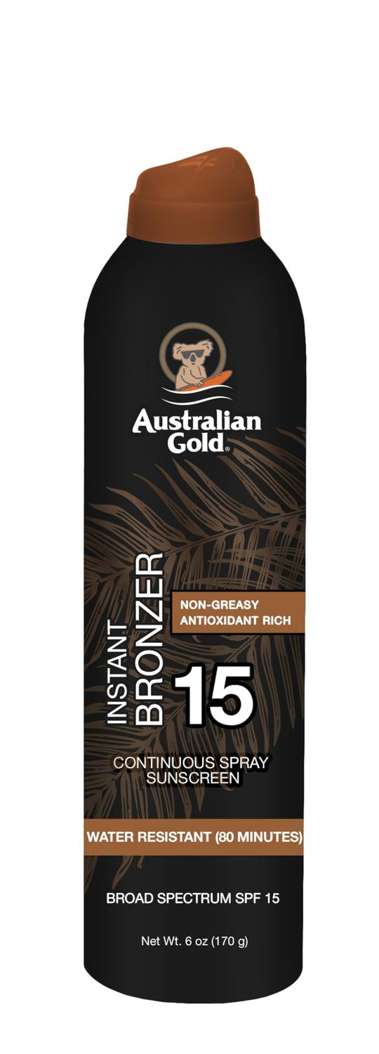 Australian Gold Continuous Spray Sunscreen with Instant Bronzer SPF 15, Immediate Glow &amp; Dries Fast, Broad Spectrum, Water Resistant, Non-Greasy, Vegan and PETA Approved, Cocoa Dreams Scent, 6 Ounce