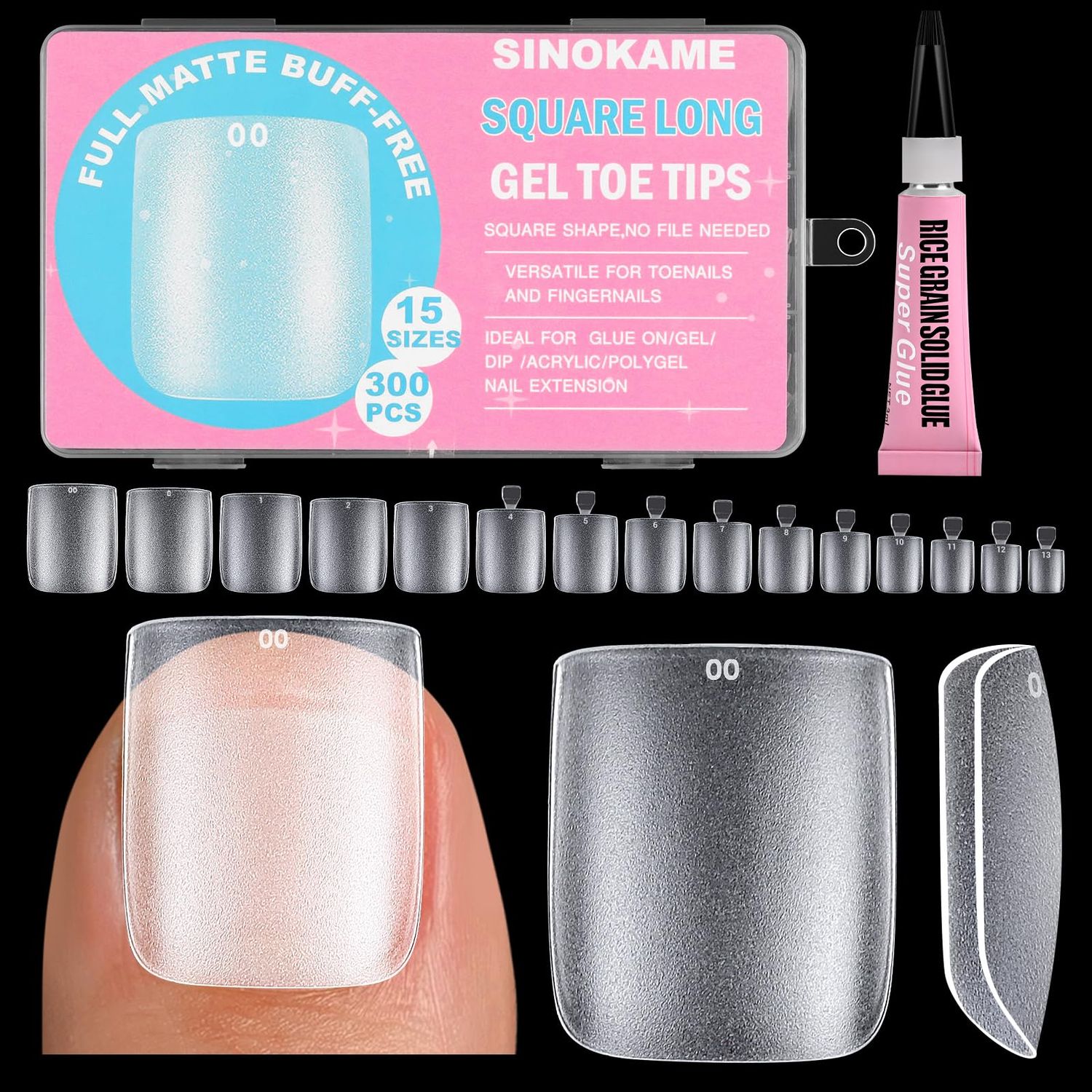 Wider Long Square Toe Nail Tips Full Cover, SINOKAME No File Matte Toe Nail Press Ons Clear, Soak Off Fake Toenails Extensions DIY Home Manicure Kit for Women &amp;Men ,300 Pcs 15 Sizes