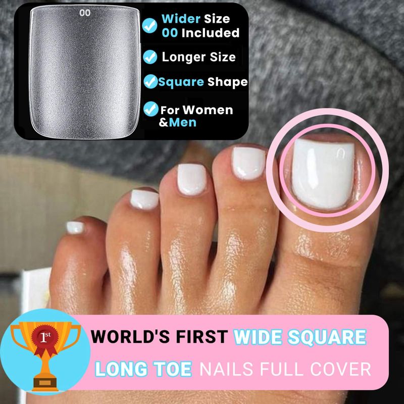 Wider Long Square Toe Nail Tips Full Cover, SINOKAME No File Matte Toe Nail Press Ons Clear, Soak Off Fake Toenails Extensions DIY Home Manicure Kit for Women &amp;Men ,300 Pcs 15 Sizes