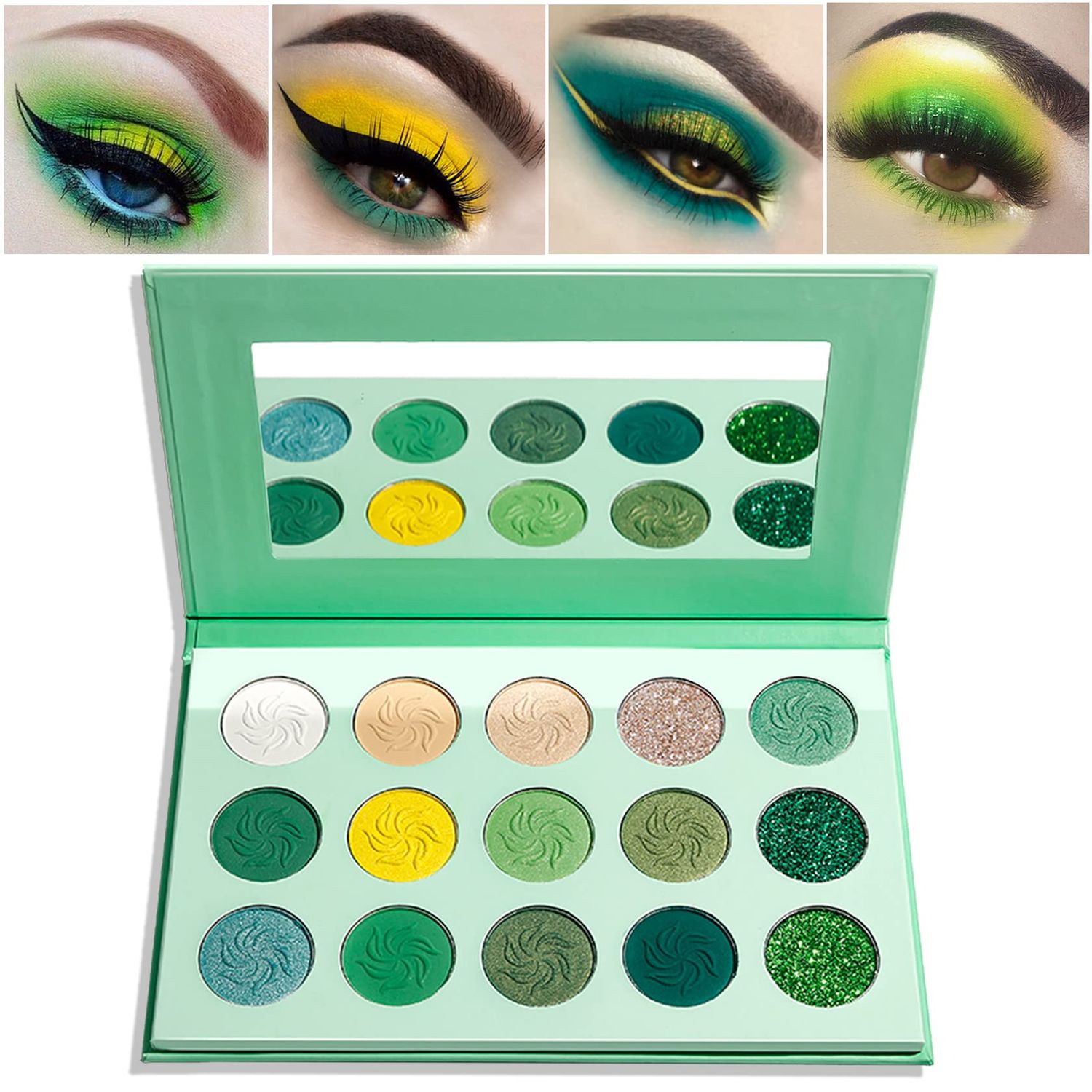 Green Eyeshadow PaletteQIUFSSE 15 Colors Eye Shadow Pallete Sets Highly Pigmented Matte Glitter Colorful Long Lasting Blendable Forest Emerald Green Yellow Makeup Pallet for Women Christmas Halloween