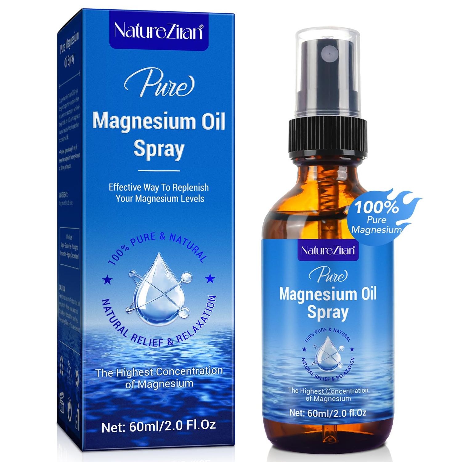 Magnesium Oil Spray - Magnesium Oil for feet - 100% Pure Magnesium Oil Spray Organic Natural Magnesium Spray - Nourish The Skin - Easy to Absorb and Use - Glass Bottle 2 fl oz