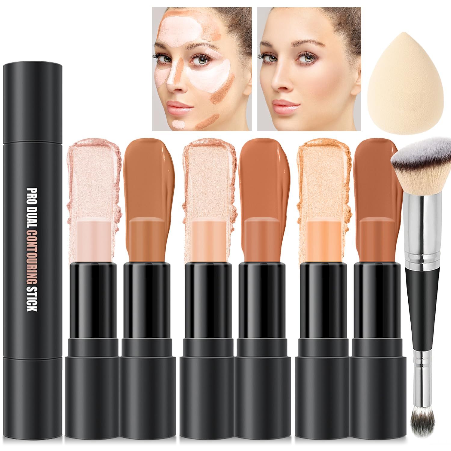 6 Colors Cream Contour Sticks Makeup Kit, Primer Face Highlighter Contouring for Beginners, Highlight and Contour Kit, Cream Concealer Makeup Blur Stick, Primer Face Corrector (SET B)