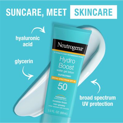 Neutrogena Hydro Boost Moisturizing Water Gel Sunscreen Lotion with Broad Spectrum SPF 50, Water-Resistant &amp; Non-Greasy Hydrating Sunscreen Lotion, Oil-Free, 3 fl. oz