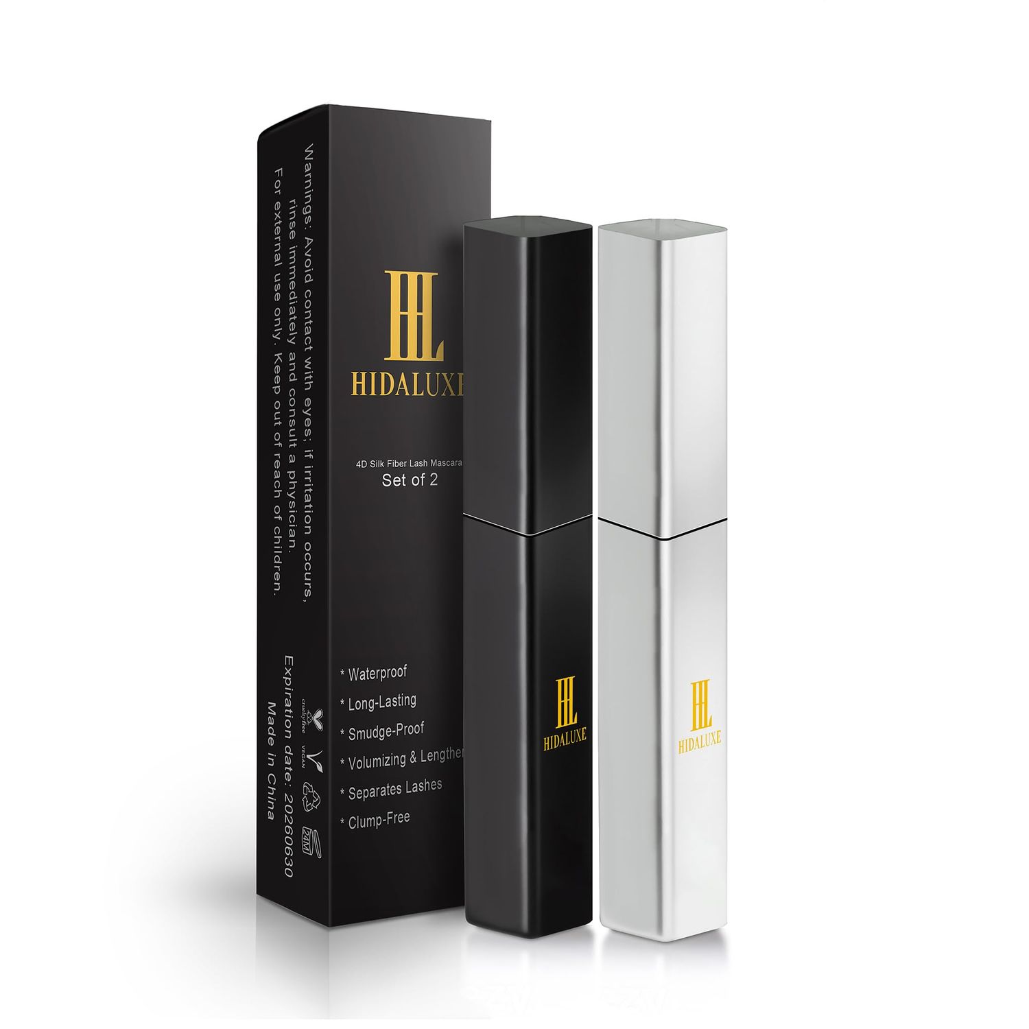 HIDALUXE 4D Silk Fiber Lash Mascara, Waterproof, Long-Lasting, Smudge-Proof, Volumizing, Lengthening, Clump-Free, Pack of 2