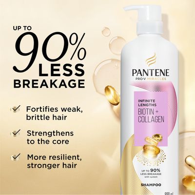 Pantene Infinite Lengths Shampoo, Sulfate Free with Biotin Collagen, Strengthens Brittle Hair, Up to 90% Less Breakage, Safe for Color Treated Hair, Pro-V Miracles, Floral Scent, 30 Fl Oz