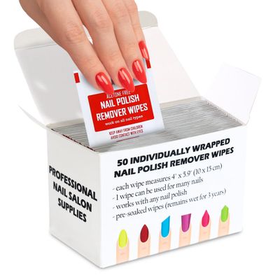 Nail Polish Remover Pads - 100% Non-Acetone - 50 Pack Bulk Set - Individually Wrapped - Quick Nail Polish Remover Wipes - Fingernail Travel Kit to Clear Nail Polish for Home &amp; Professional Removal