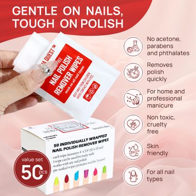 Nail Polish Remover Pads - 100% Non-Acetone - 50 Pack Bulk Set - Individually Wrapped - Quick Nail Polish Remover Wipes - Fingernail Travel Kit to Clear Nail Polish for Home &amp; Professional Removal