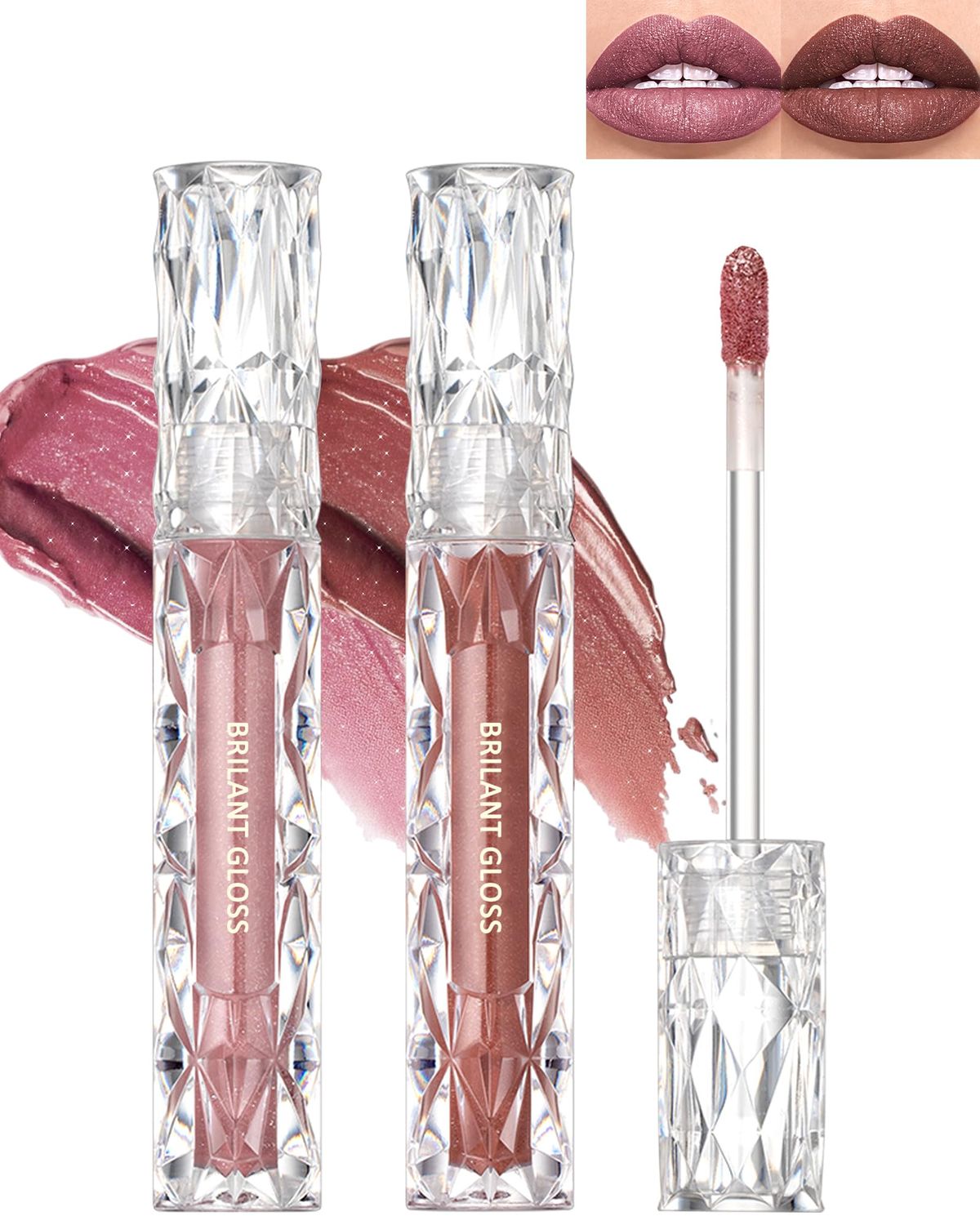 Diamond Glitter Lip Gloss-2Pcs Shimmer Liquid Matte Lipstick Waterproof Smudgeproof Longwear Non-Stick Cup Lipstick, Sparkling High Pigment Gothic Shiny Gloss for Women Girl Stage Cosplay Makeup-0102