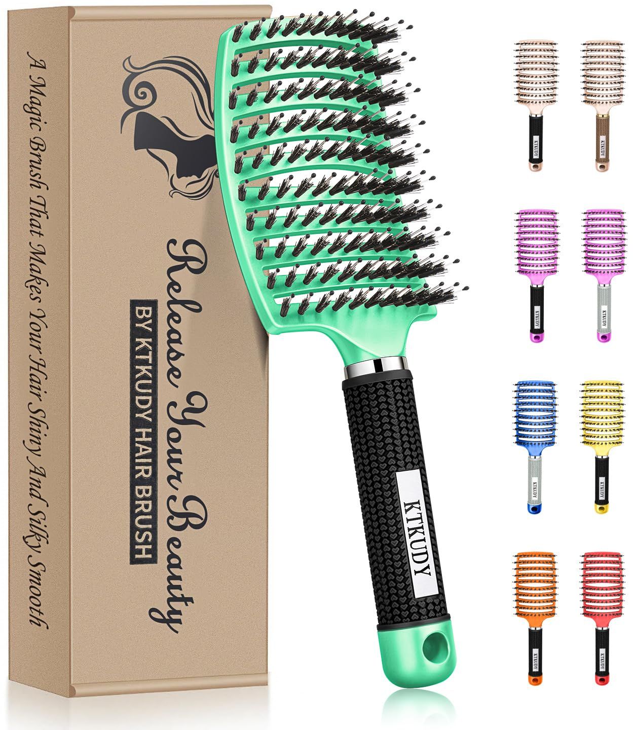 KTKUDY Detangling Brush Boar Bristles Hair Brush Make Hair Shiny &amp; Healthier Curved and Vented Detangler Brush for Women Men Kids Wet &amp; Dry Hair (Light green)