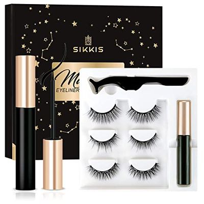 Sikkis Magnetic Eyelashes With Eyeliner - 3D Reusable Magnetic Eyelashes Kit With Applicator, False Eyelashes Natural Look - No Glue 3 Pairs