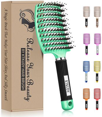KTKUDY Detangling Brush Boar Bristles Hair Brush Make Hair Shiny &amp; Healthier Curved and Vented Detangler Brush for Women Men Kids Wet &amp; Dry Hair (Light green)