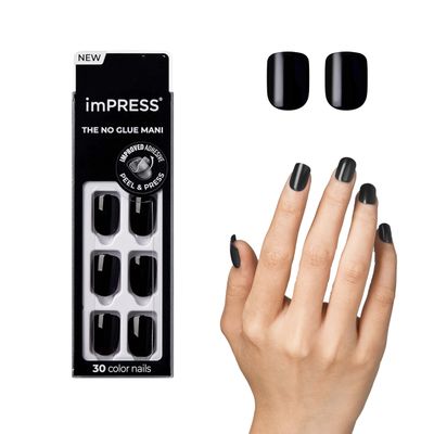 KISS imPRESS No Glue Mani Press On Nails, Color, &#39;All Black&#39;, Black, Short Size, Squoval Shape, Includes 30 Nails, Prep Pad, Instructions Sheet, 1 Manicure Stick, 1 Mini File