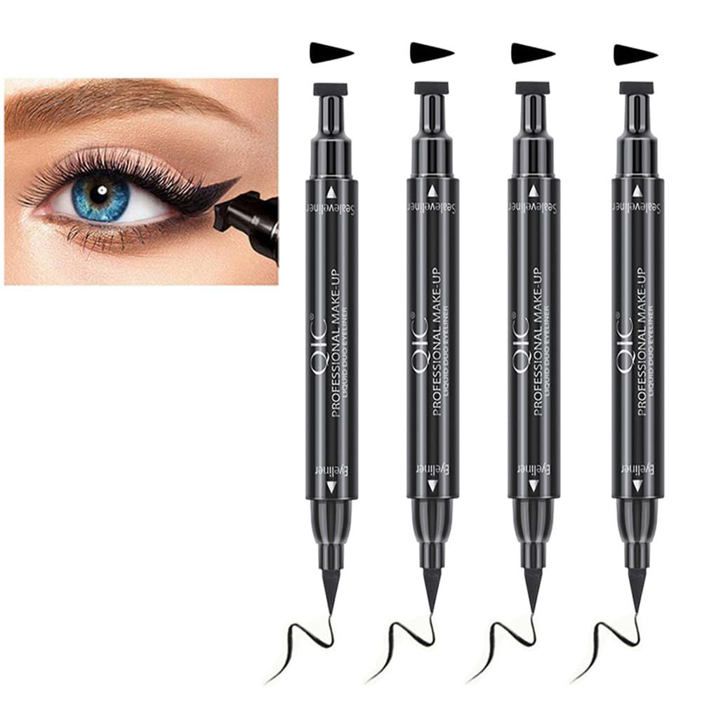 Winged Eyeliner Stamp Set, 4 PCs Dual-ended Eyeliner Pens with Felt Tip &amp; Wing Stamp, Long Lasting and Smudge Proof Eye Makeup for Women