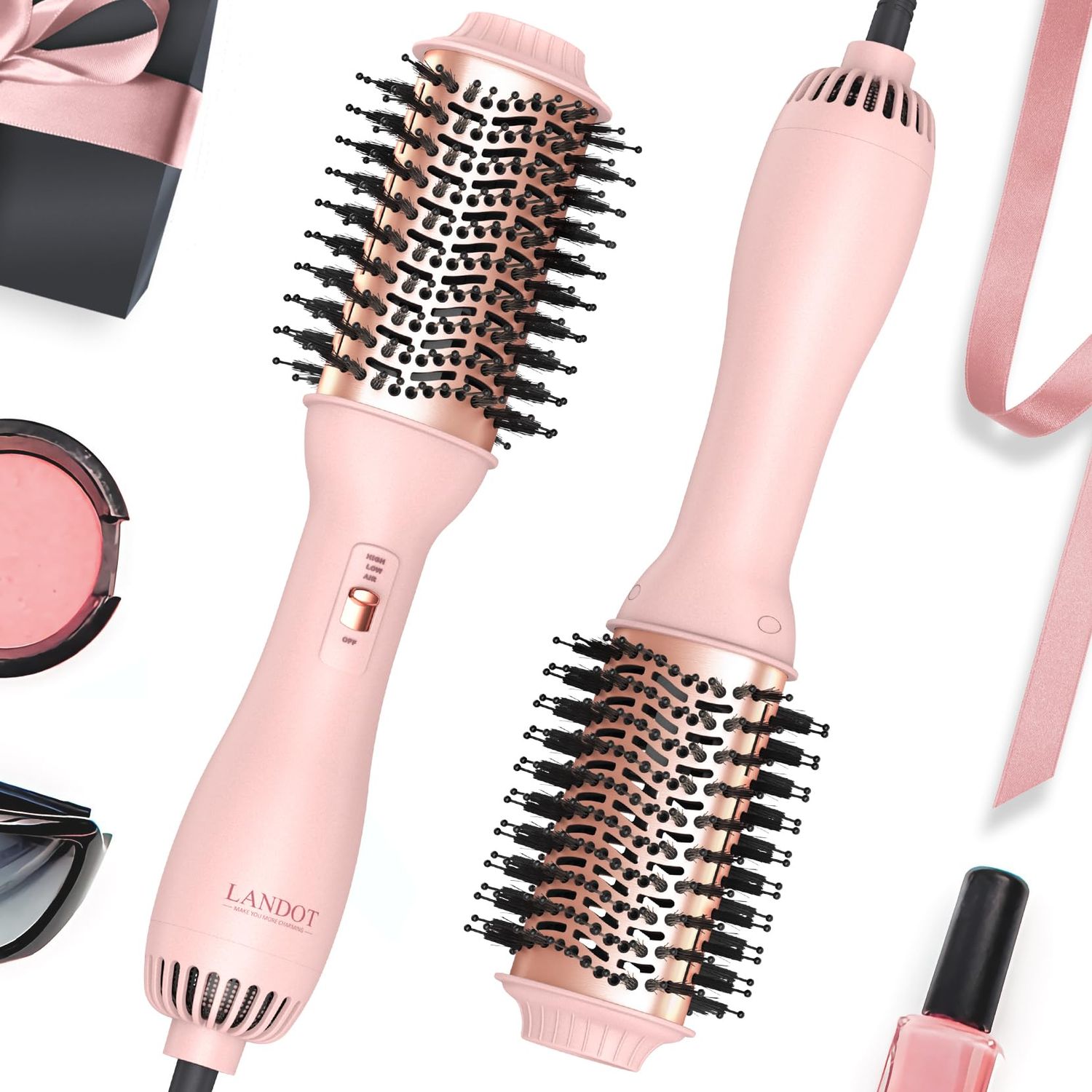 LANDOT Hair Blow Dryer Brush One-Step Hot Air Brush with 60mm Oval Barrel - 4 in 1 HairDryer Styler and Volumizer for Drying Straightening Curling Volumizing Hair Fight Frizz and Add Volume