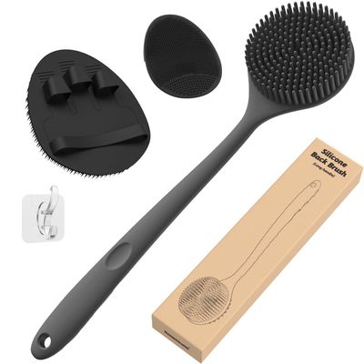 Manmihealth Silicone Back Scrubber (Thick Bristles) &amp; Bath Glove &amp; Face Brush Set(3PCS), Super-Exfoliating &amp; Lathering Body Scrubber, Shower Brush, Face Scrubber Combination, with a Free Hook.(Black)