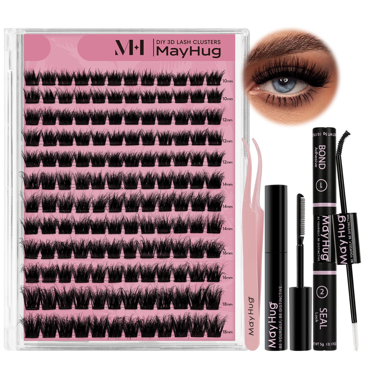 Mayhug Lash Clusters Kit, 144PCS 3D Fluffy lash kit 10-18mm Lash Clusters with 10ml Bond and Seal, 5ml Lash Remover, Lash Tweezers, Easy DIY lash extension kit at Home (Fabuluxe Kit)
