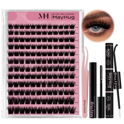 Mayhug Lash Clusters Kit, 144PCS 3D Fluffy lash kit 10-18mm Lash Clusters with 10ml Bond and Seal, 5ml Lash Remover, Lash Tweezers, Easy DIY lash extension kit at Home (Fabuluxe Kit)
