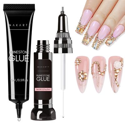 Makartt Nail Rhinestone Glue Set - Gel Nail Glue for Rhinestones for 3D Design Super Strong Adhesive Nail Gem Glue for Valentine&#39;s Day Nail Art Jewel Crystal Beads Diamonds 15ml and 8ml Cured Need