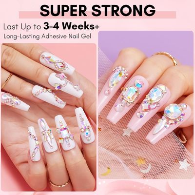 Makartt Nail Rhinestone Glue Set - Gel Nail Glue for Rhinestones for 3D Design Super Strong Adhesive Nail Gem Glue for Valentine's Day Nail Art Jewel Crystal Beads Diamonds 15ml and 8ml Cured Need
